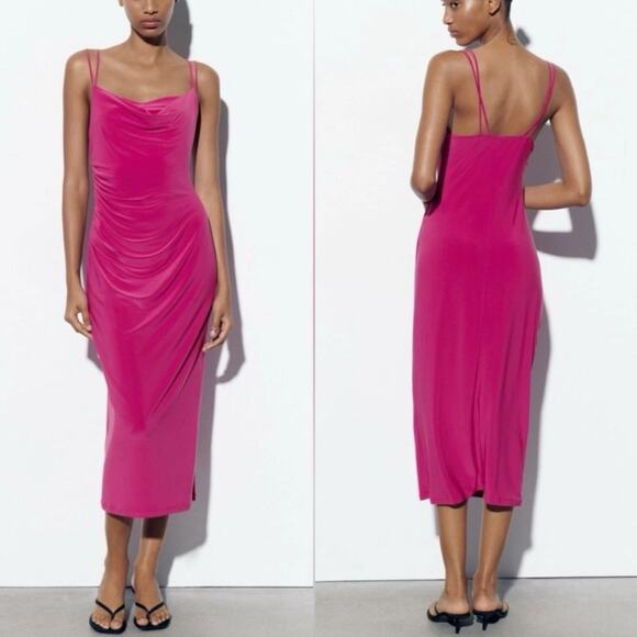 Zara Dresses & Skirts - Zara Midi Slip Dress S Cowl Neck Fuchsia Pink Valentines Wedding Guest Cocktail